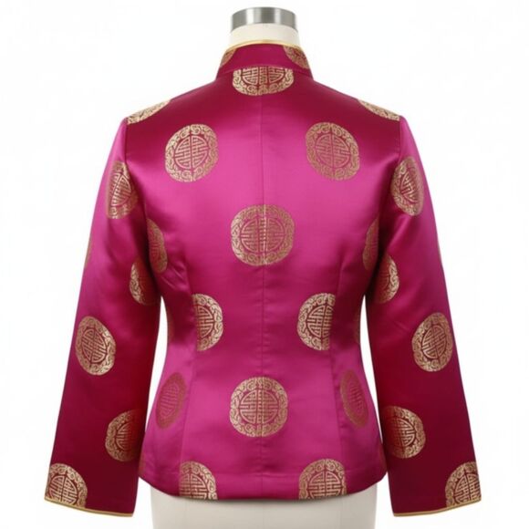 Chinese Tang Cheongsam Magenta Gold Jacket Frog Buttons Mandarin Collar Sz M - Picture 6 of 15